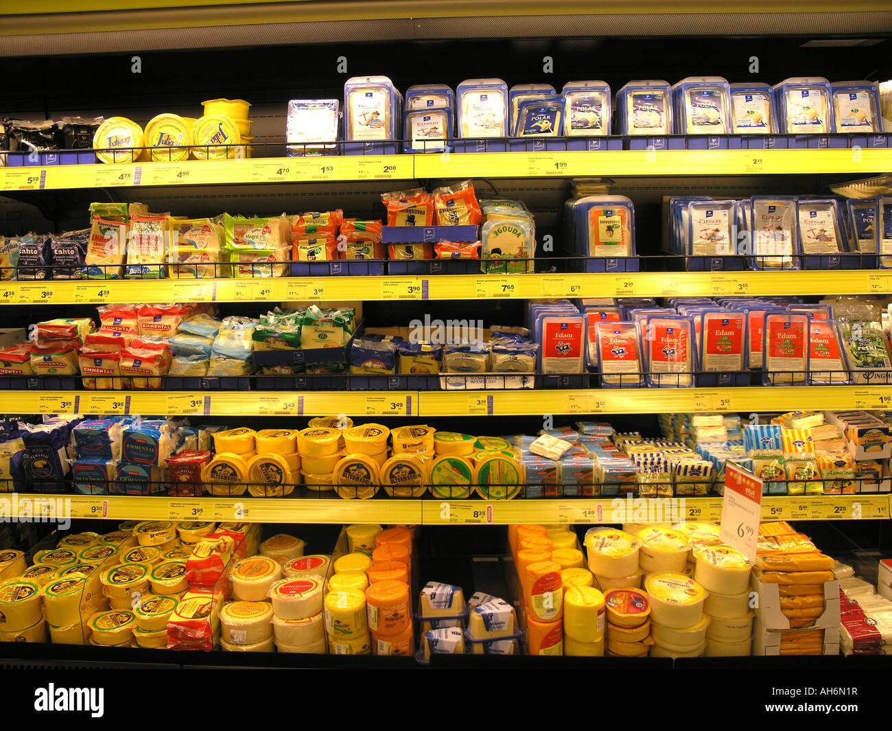 cheese dairy shelf in supermarket in Hämeenlinna Finland Stock Photo