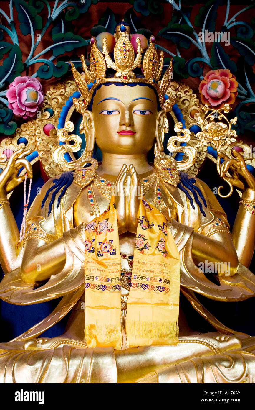 Golden Buddha Maitreya statue in Tibetan buddhist monastery. Boudhanath ...