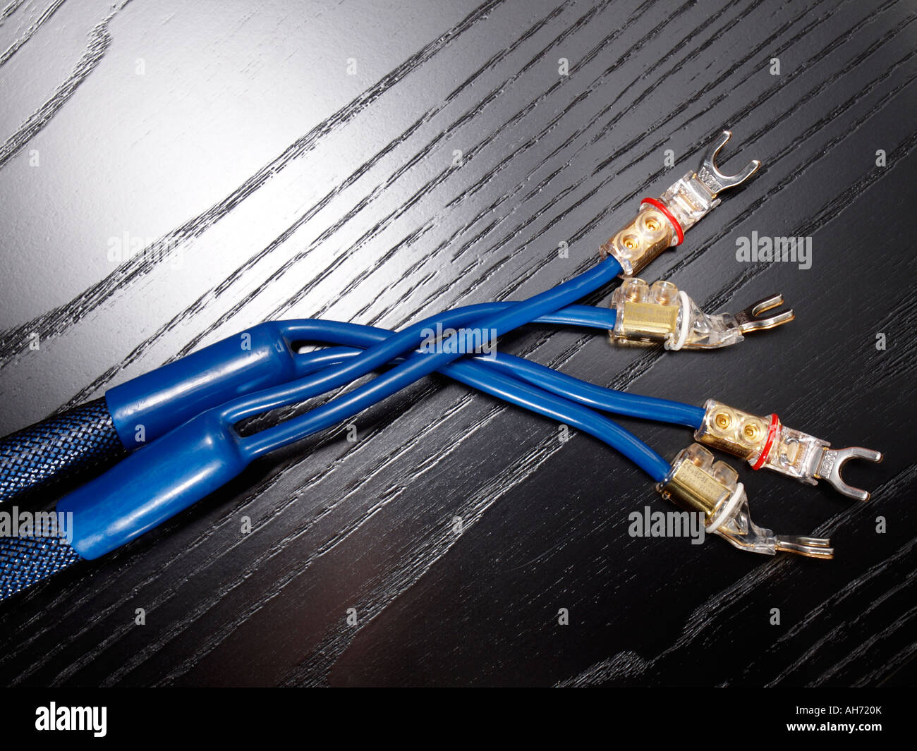 audiophile high end shielded audio cables with gold plated fork connectors Stock Photo