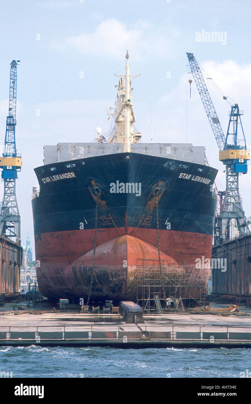 Ship in dry dock at Hamburg Germany  Stock Photo