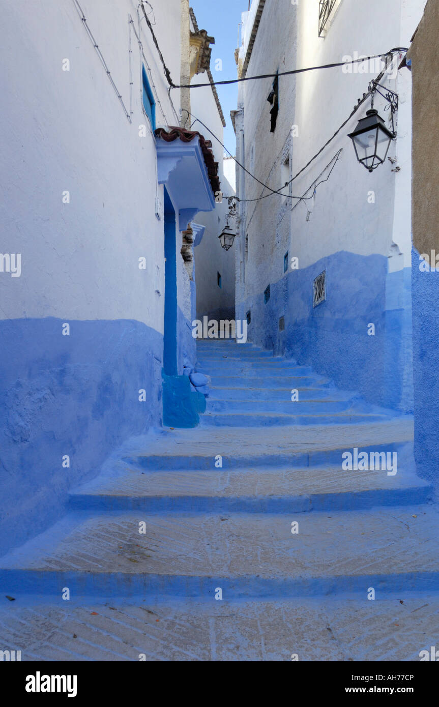 Stepped alley view Chefchaouen Morocco North Africa Stock Photo