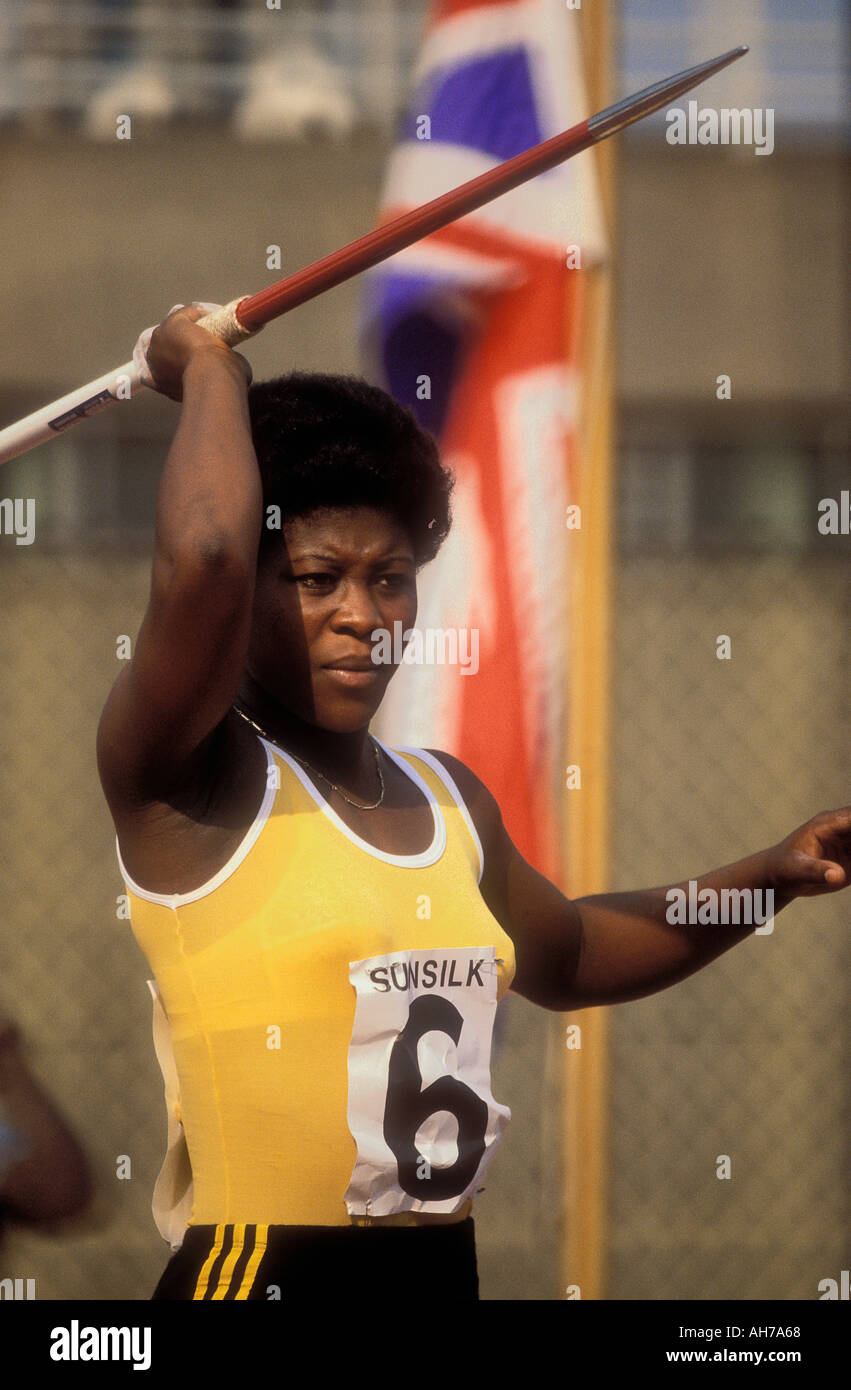 British athlete Tessa Sanderson preparing to throw the javelin Stock