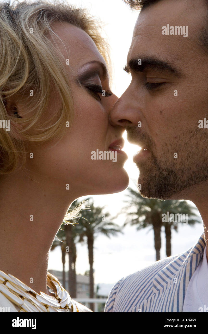 Close-up of a bride and groom kissing Stock Photo