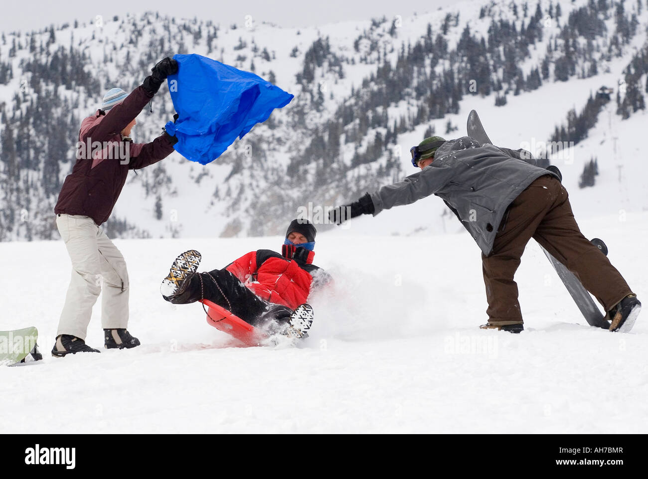 Mid adult man sledding between a mid adult woman and a mid adult man Stock Photo