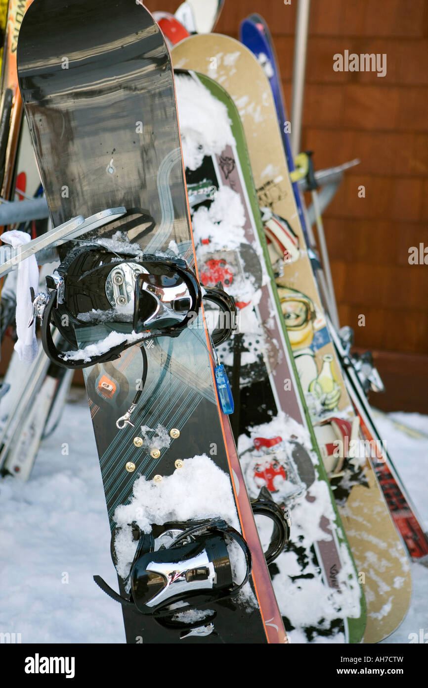 Snowboards in a rack Stock Photo