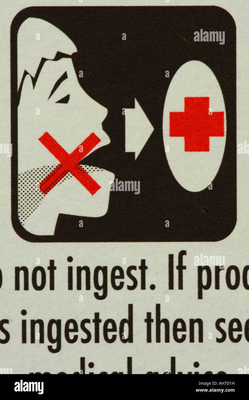 Caution dangerous chemical do not ingest swallow product label Stock