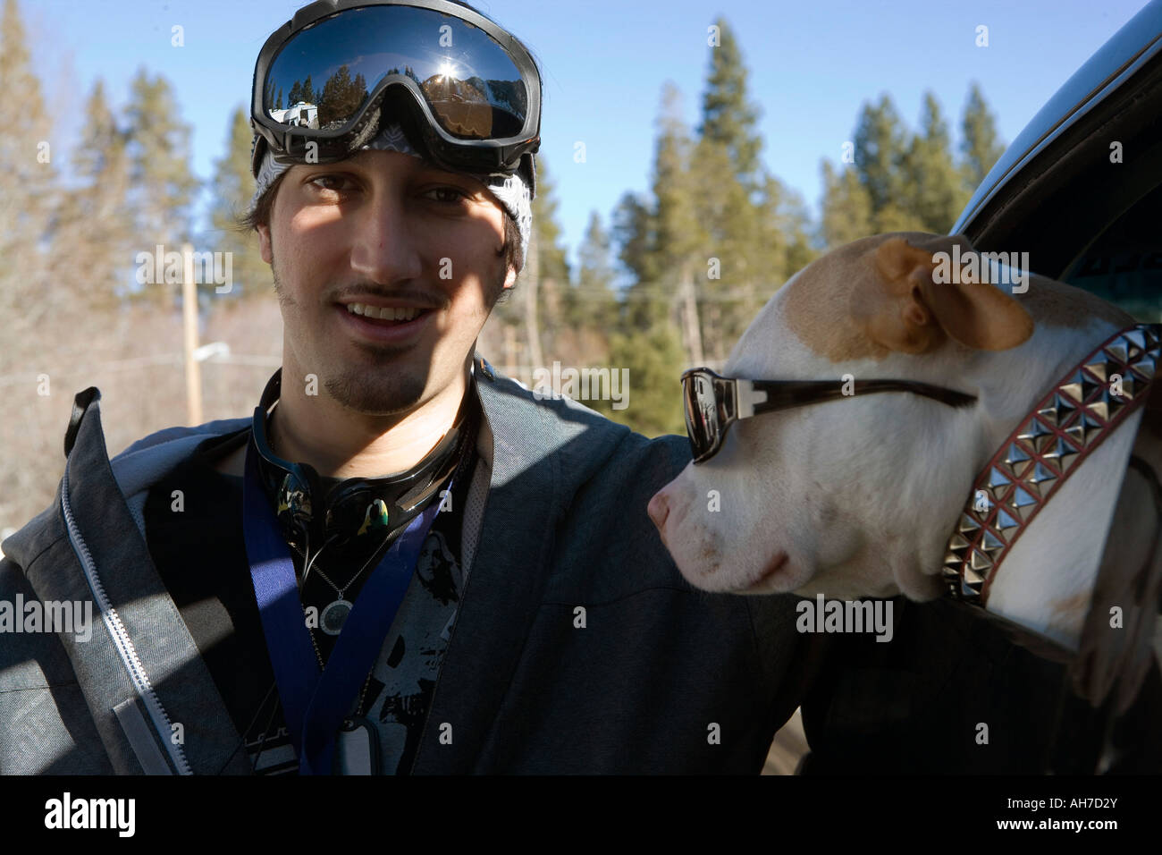 Young man beside a dog wearing sunglasses Stock Photo