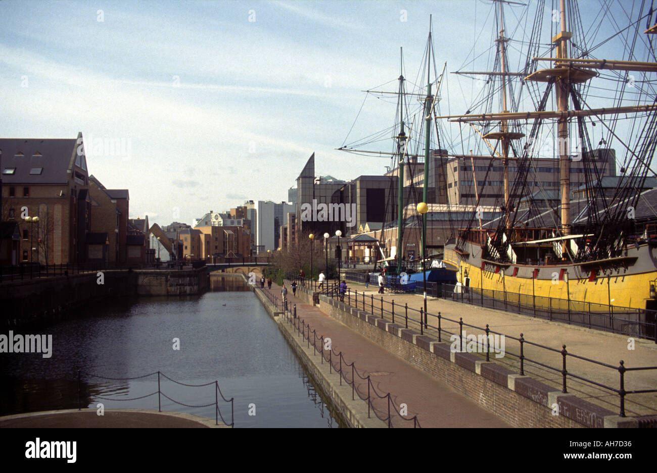New housing development and old sailing ship Wapping London Docklands England circa 1994 Stock Photo