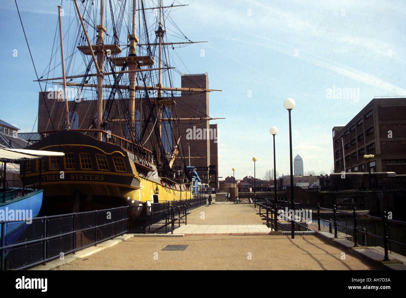 New housing development and old sailing ship Wapping London Docklands England circa 1994 Stock Photo