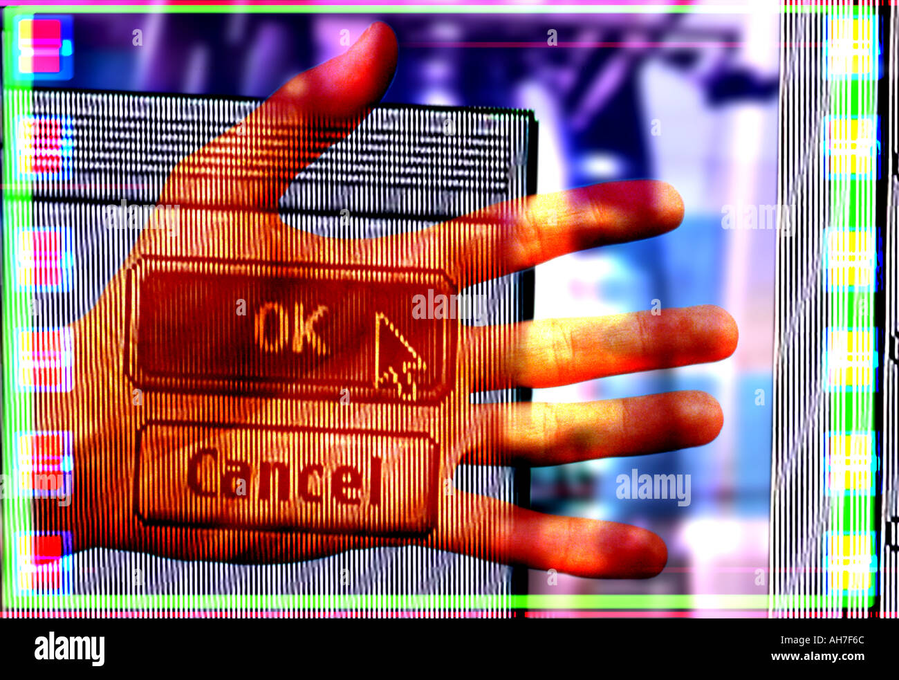 an open hand with ok question from a computer running over it Stock Photo