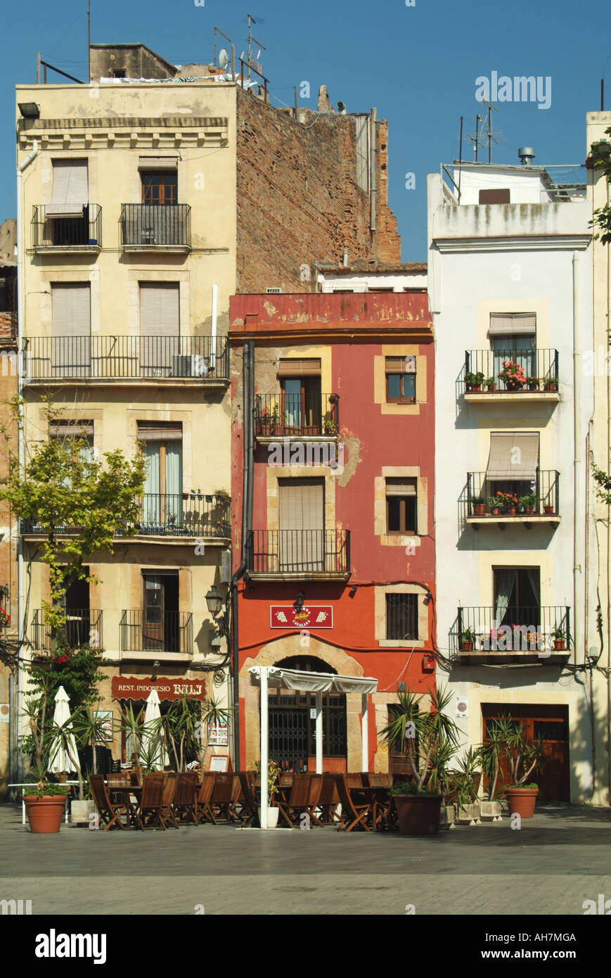 Tarragona typical square with pavement bars and apartments above Stock