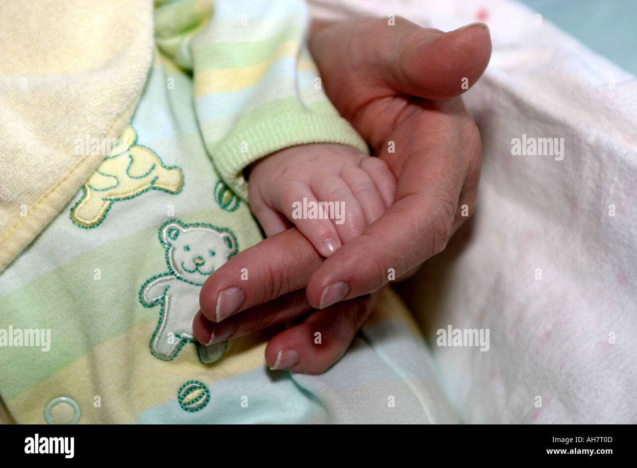 BABY and Grandmother baby s hand holding grandmother s finger Size matters Contrast Stock Photo