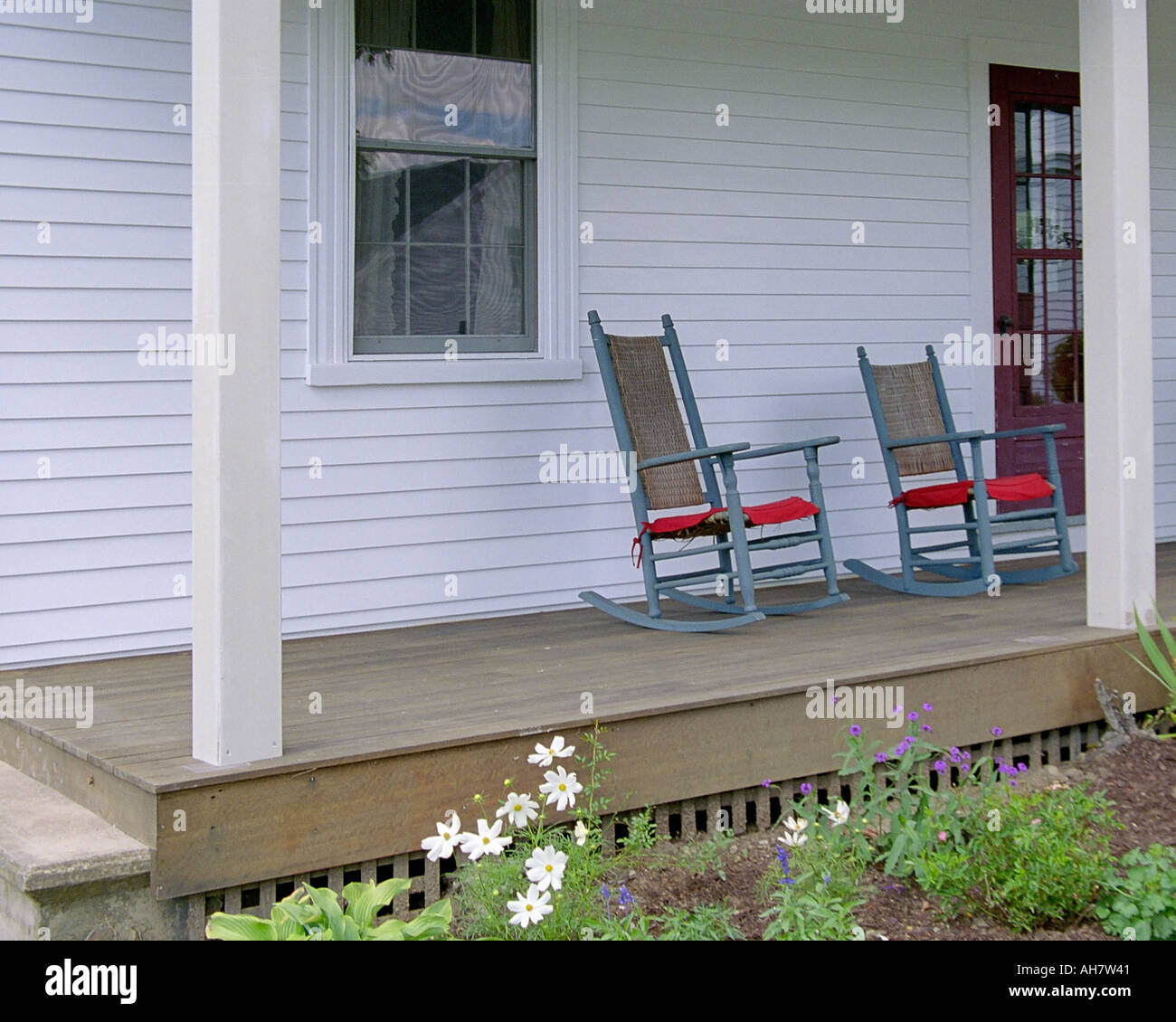 The front porch of a rural New England farmhouse Stock Photo