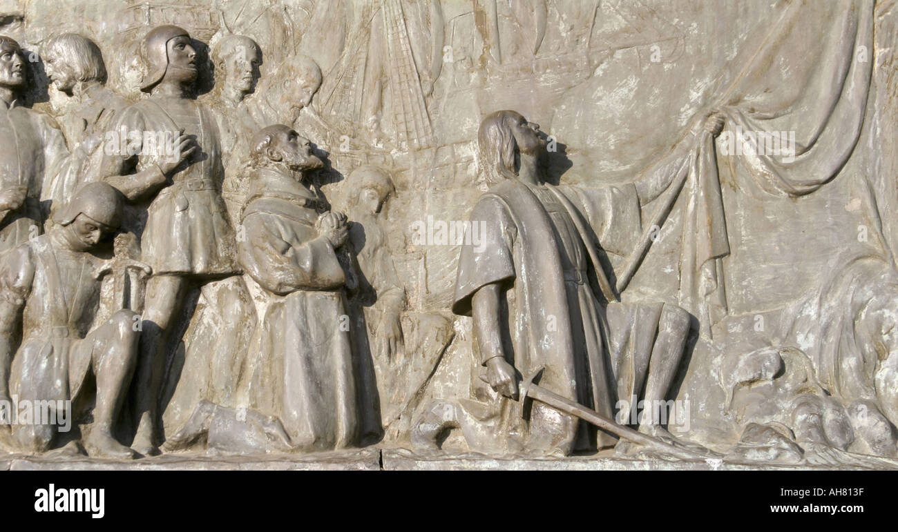 Barcelona Spain bas relief on Columbus monument of Columbus taking possession of the New World in name of Catholic Kings Stock Photo