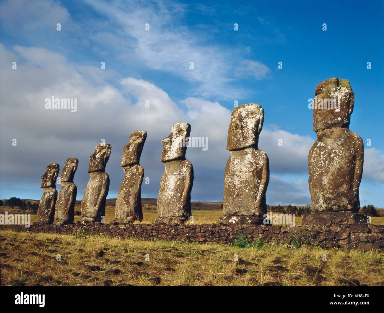 Easter Island, Chile.  The seven moai at the sacred site of Ahu Akivi. Stock Photo