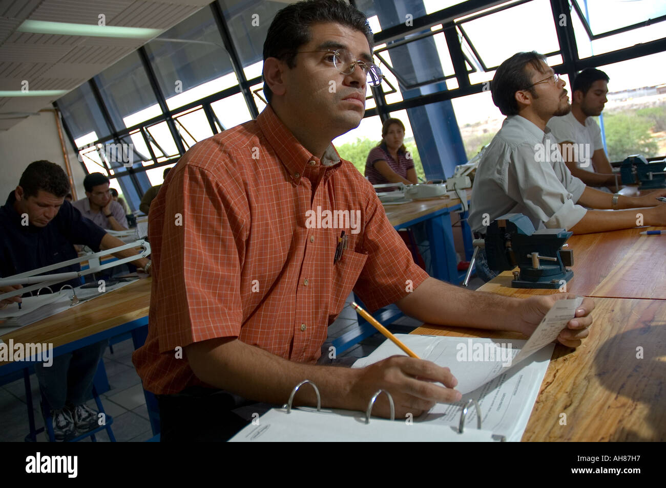 Electrical engineering classroom and students at the Universidad Tecnologica de Queretaro in Mexico. Stock Photo