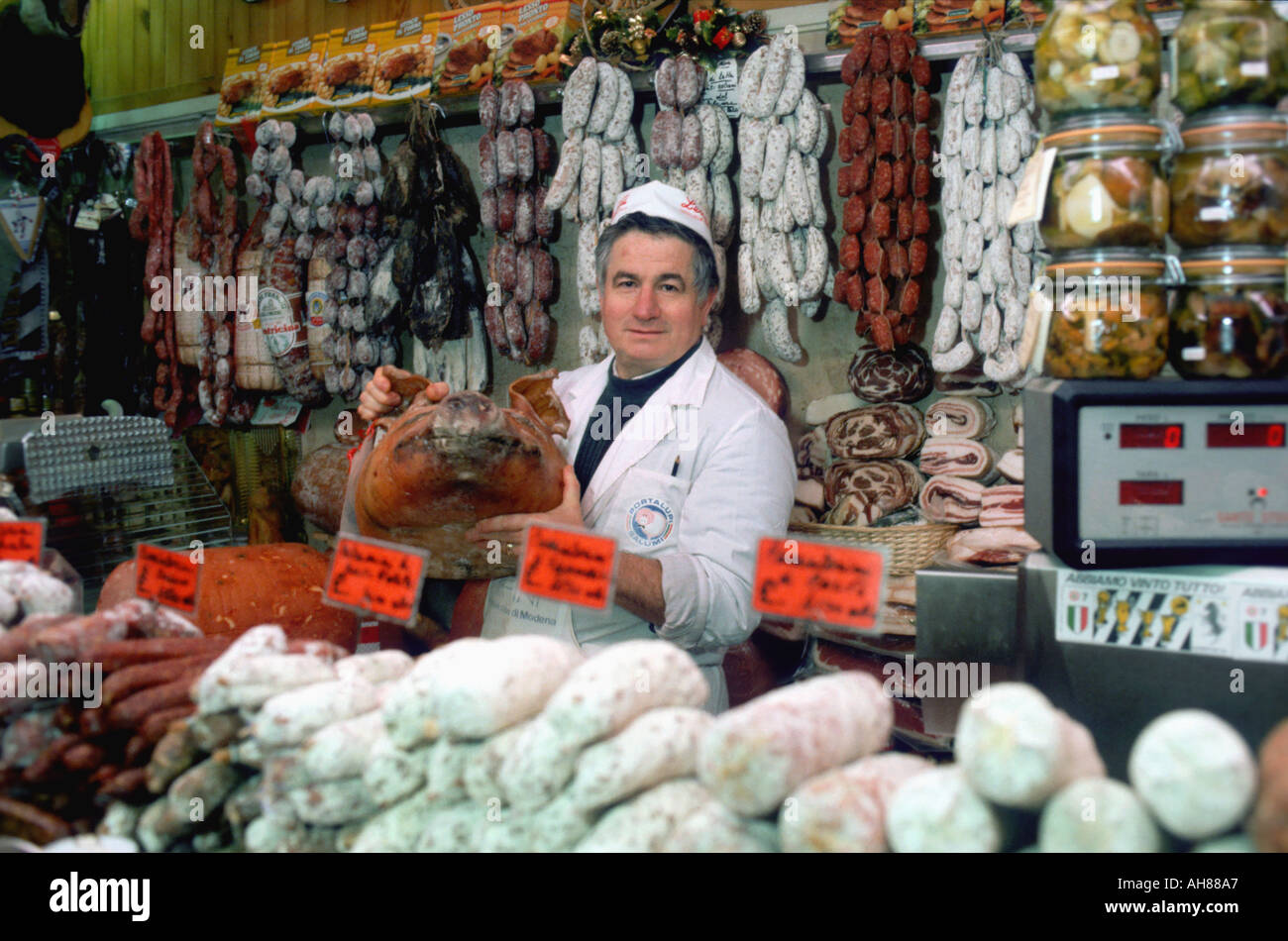 Europe Italy Courmayeur Italian Alps Salumaio de Ettore boars head procuitto Stock Photo