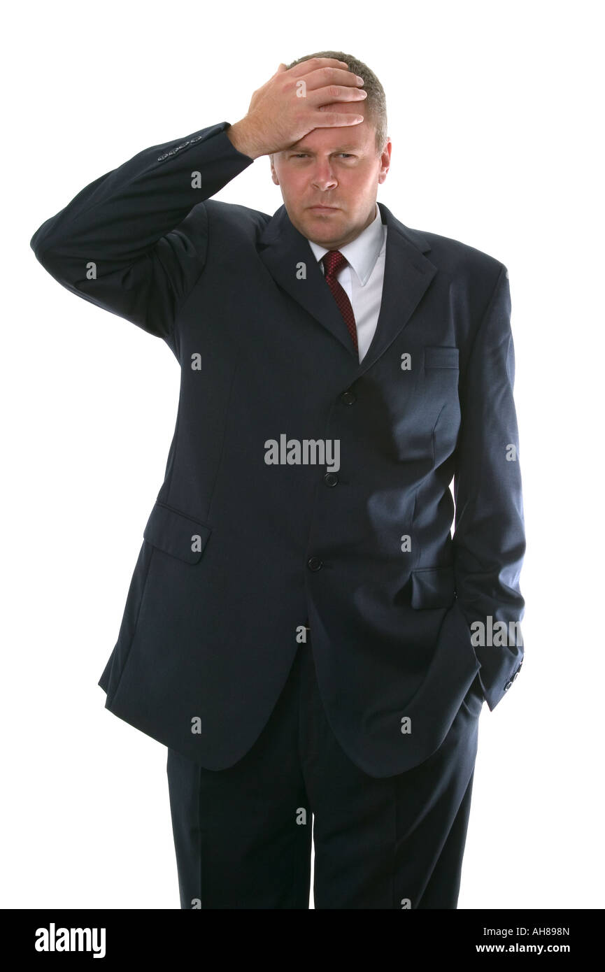 Businessman confused with his hand on his head Isolated on white Stock Photo