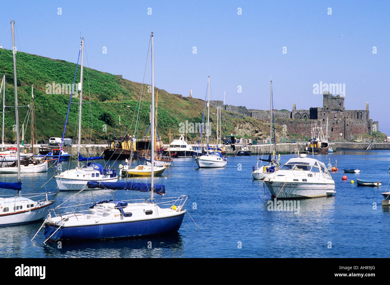 Peel Harbour and Castle Isle of Man Stock Photo