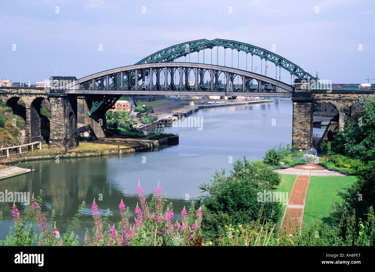 Sunderland Wearmouth and Railway Bridges River Wear Tyne and Wear English rivers bridges Stock Photo