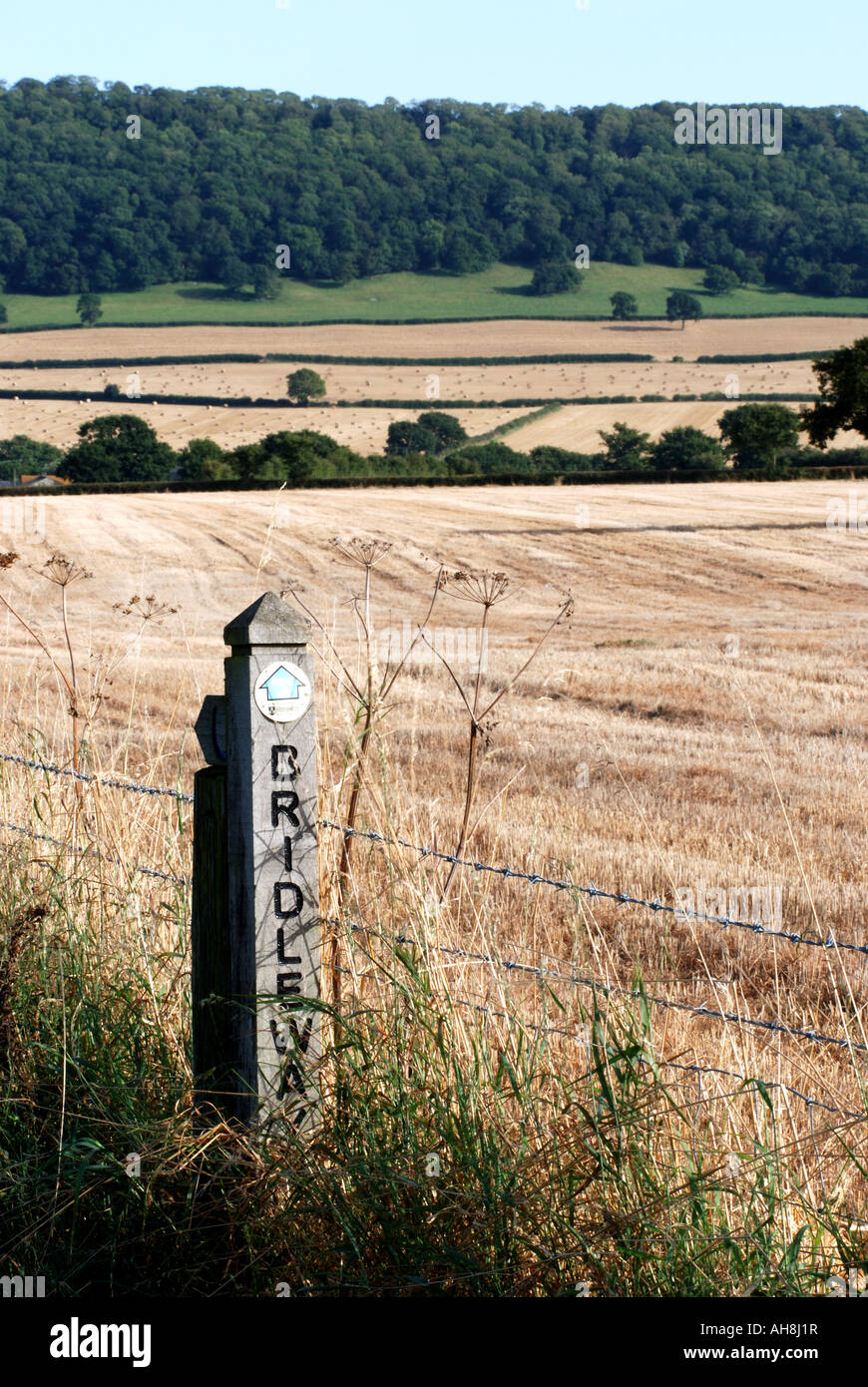 British Distance Post Bridleway post with Wenlock Edge in distance, Shropshire, England, UK ...