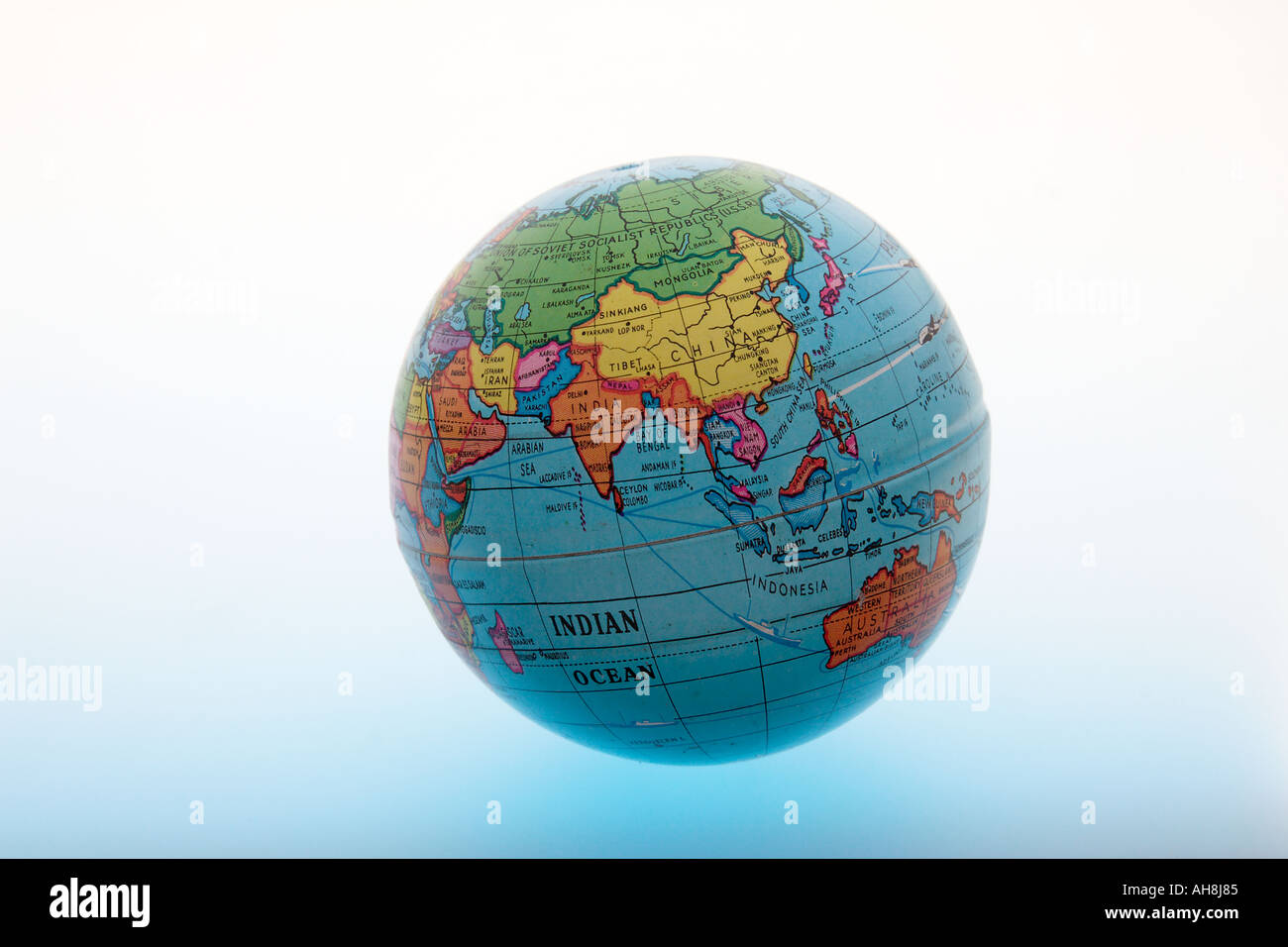 Round globe of world showing Asia Indian Ocean India China Sri Lanka Pakistan Indonesia Malaysia Bangladesh Saudi Arabia Iraq Stock Photo