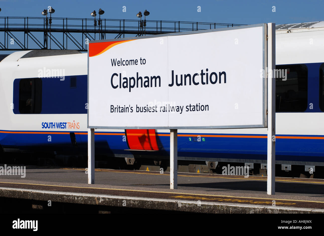 Clapham Junction railway station sign, London, England, UK Stock Photo