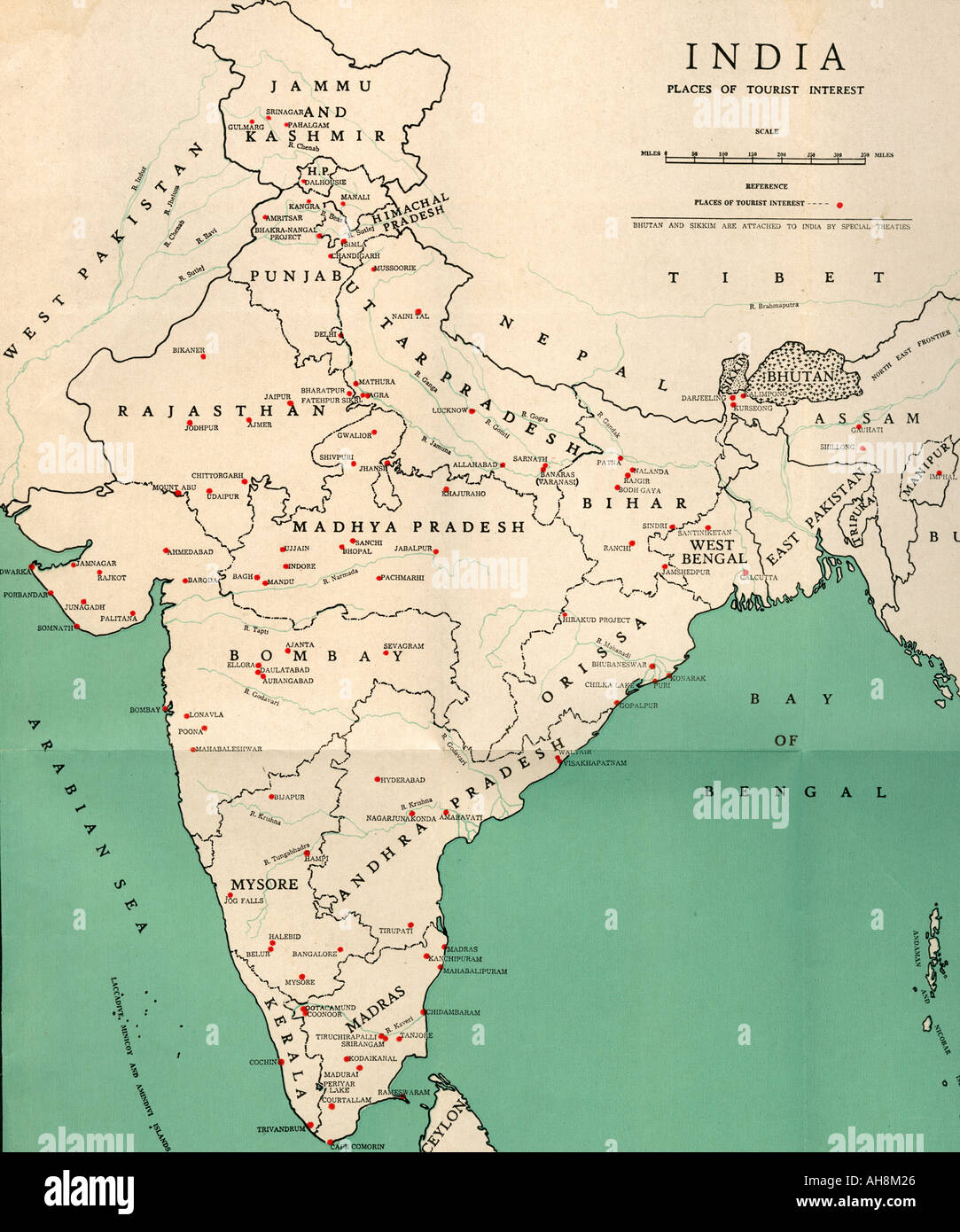 Map of India showing places of tourist interest Indian Map Stock Photo