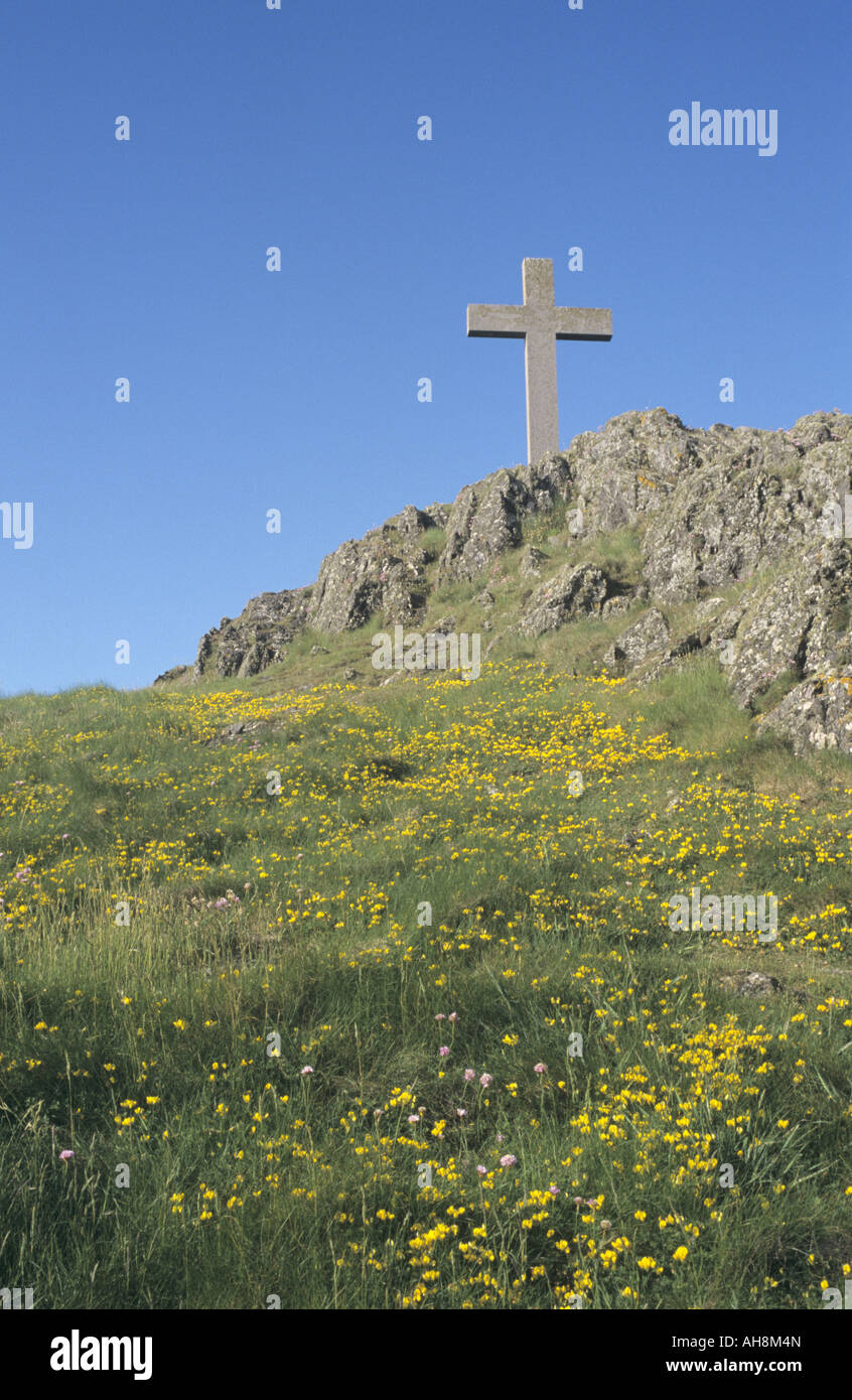 Stone cross and wild flowers on Llanddwyn island Stock Photo
