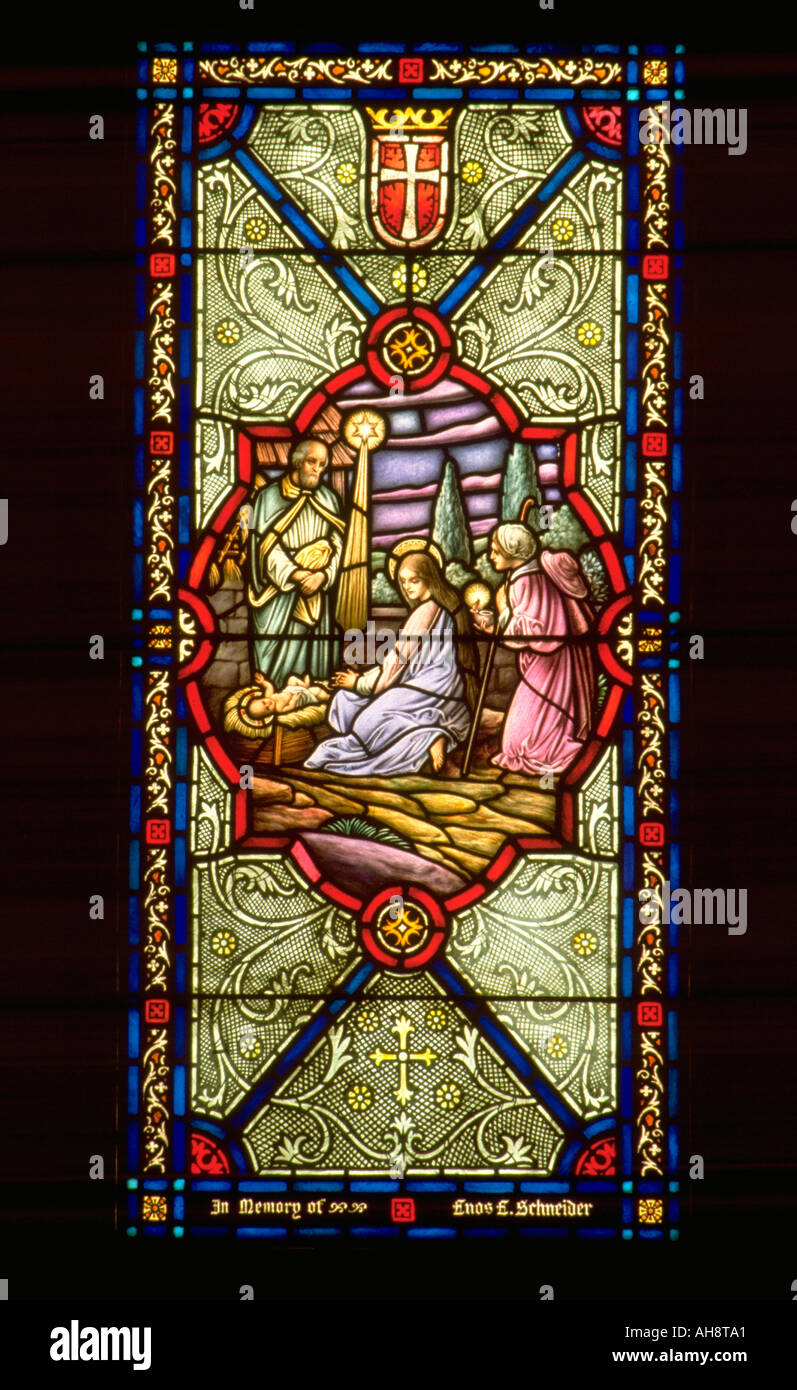 Nativity scene on stained glass window in Victory Lutheran Church