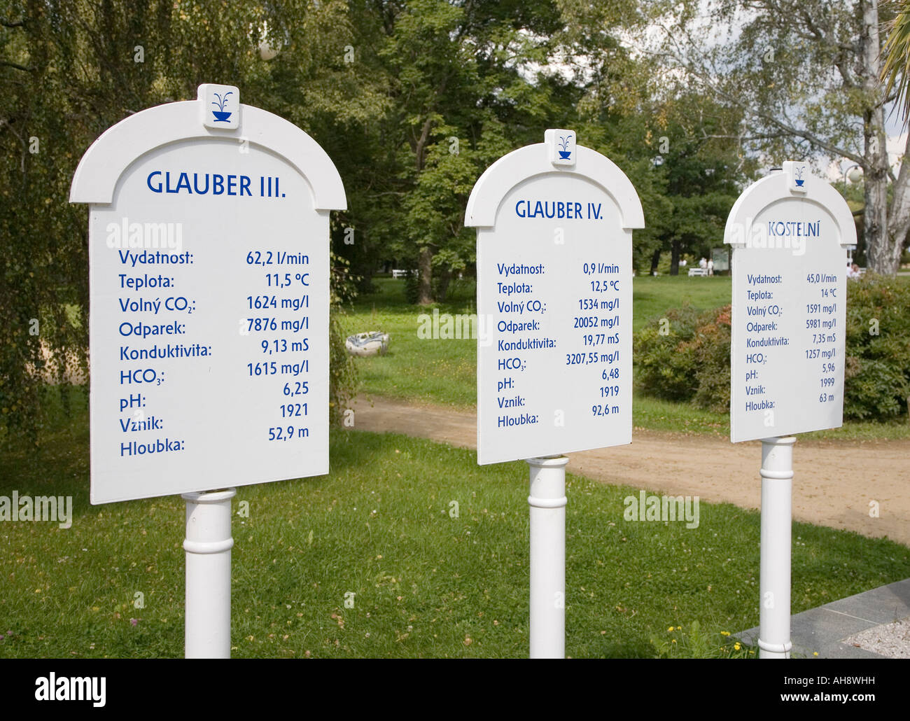 Signs wth composition for three springs in the spa town of Frantiskovy Lazne Czech republic Stock Photo
