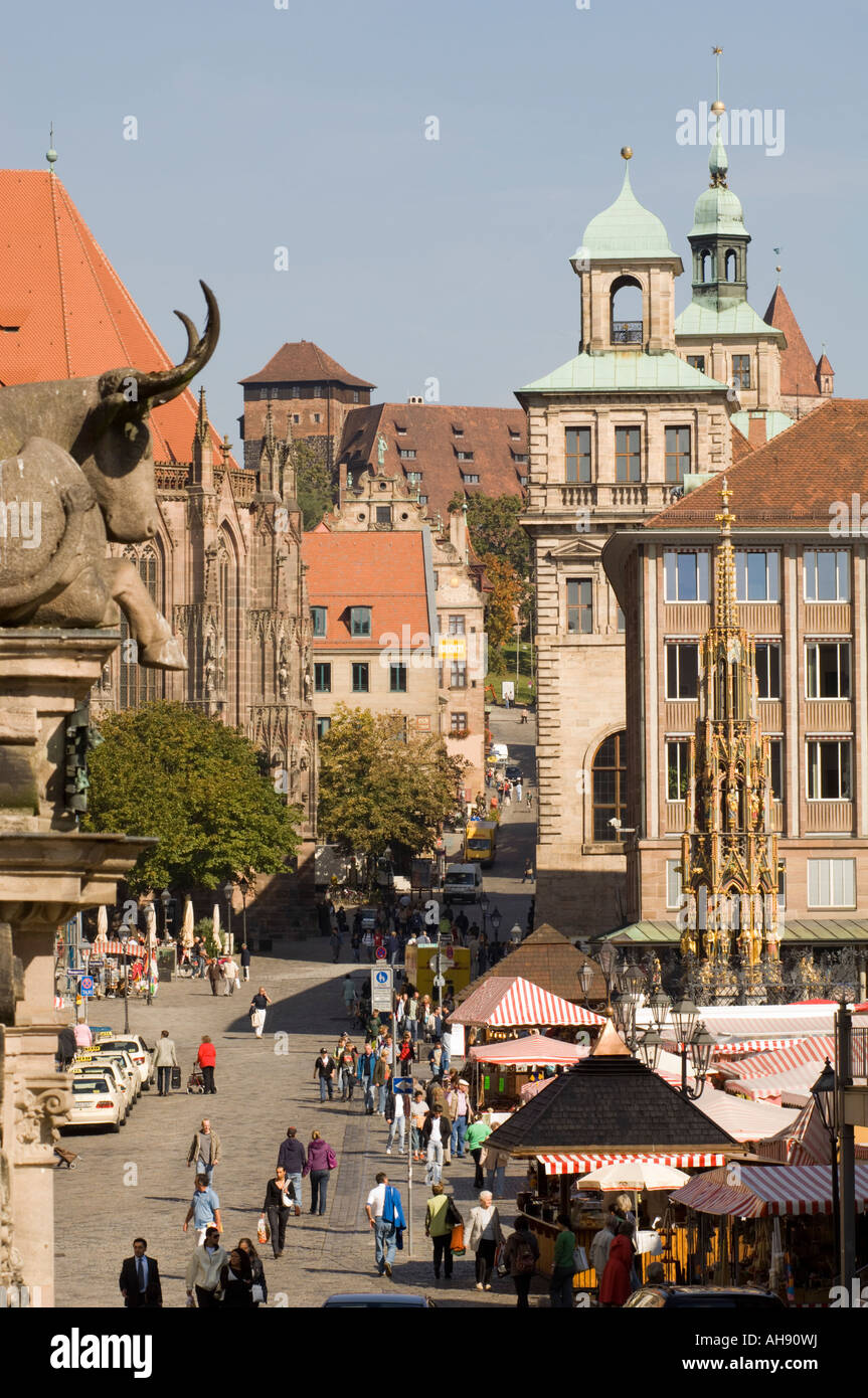 Nuremberg, Germany. The Centre of town as viewed from the Fleischbrucke (Meat Bridge) Looking North towards Hauptmarkt. Stock Photo