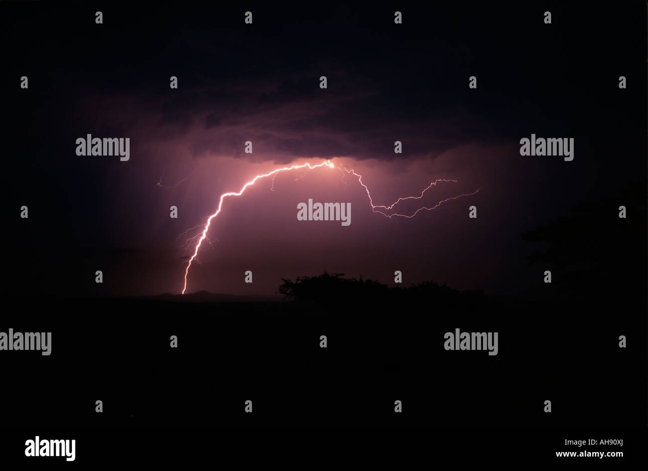 Lightning in a storm over the african savanna in Mpila Hluhluwe Umfolozi Park Kwazulu Natal South Africa Stock Photo