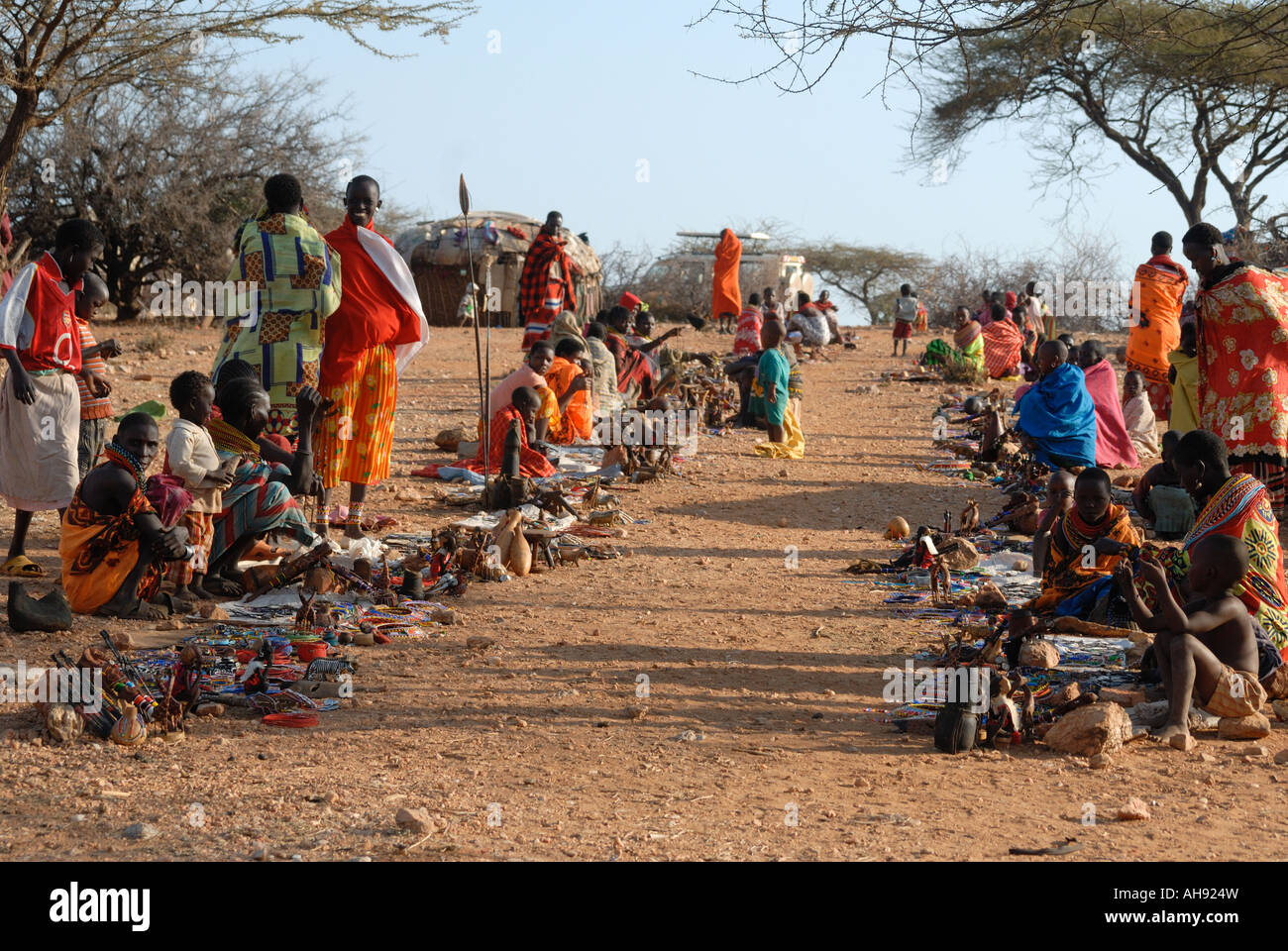A traditional Samburu village market with goods arranged for sale to visitors near Samburu National Reserve Kenya East Africa Stock Photo