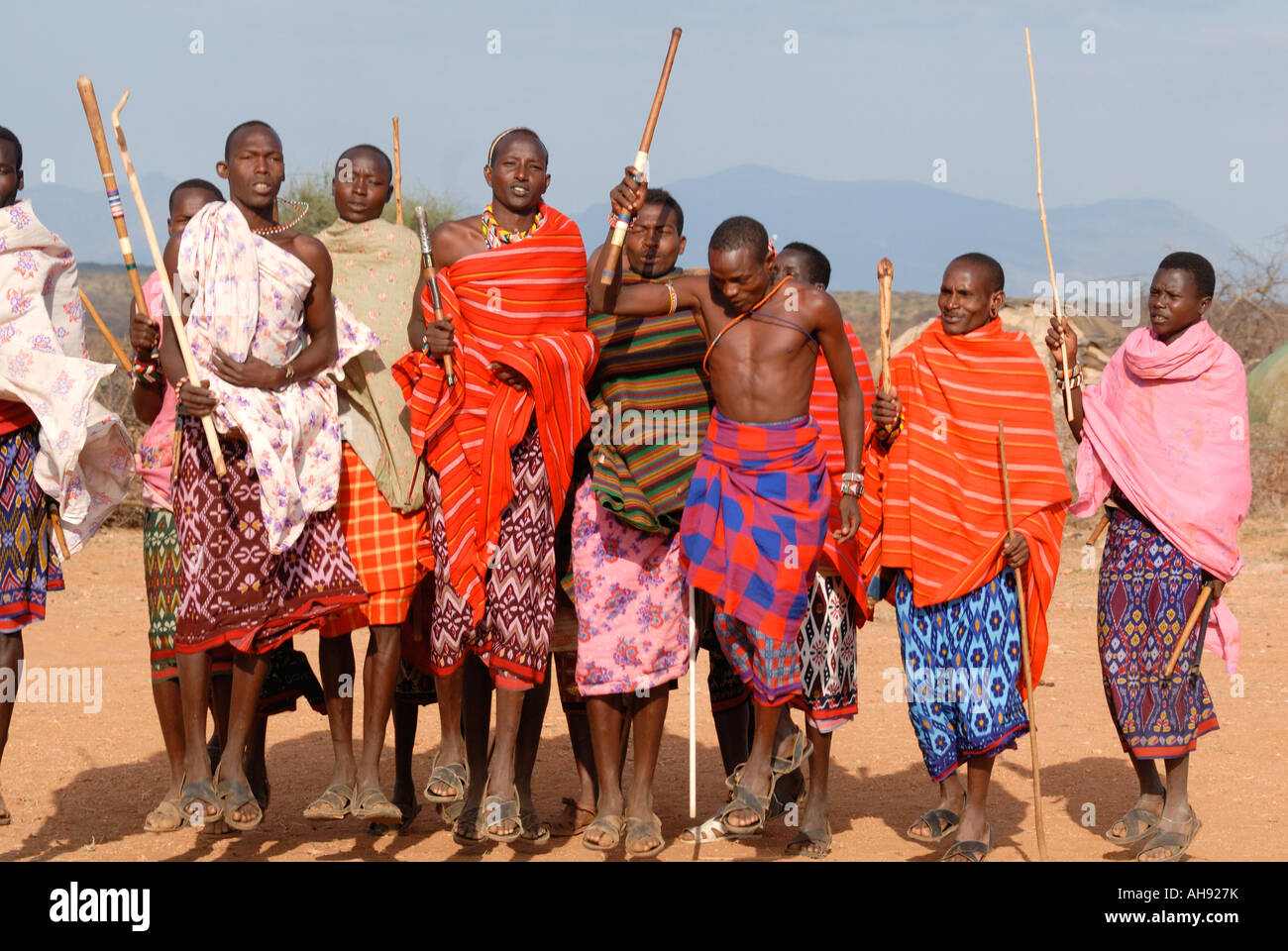 A group of Samburu men dancing near Samburu National Reserve Kenya East Africa Stock Photo