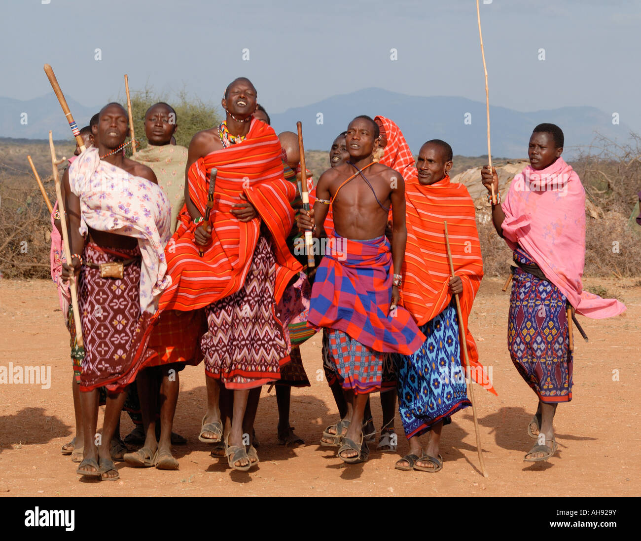 A group of Samburu men dancing near Samburu National Reserve Kenya East Africa Stock Photo