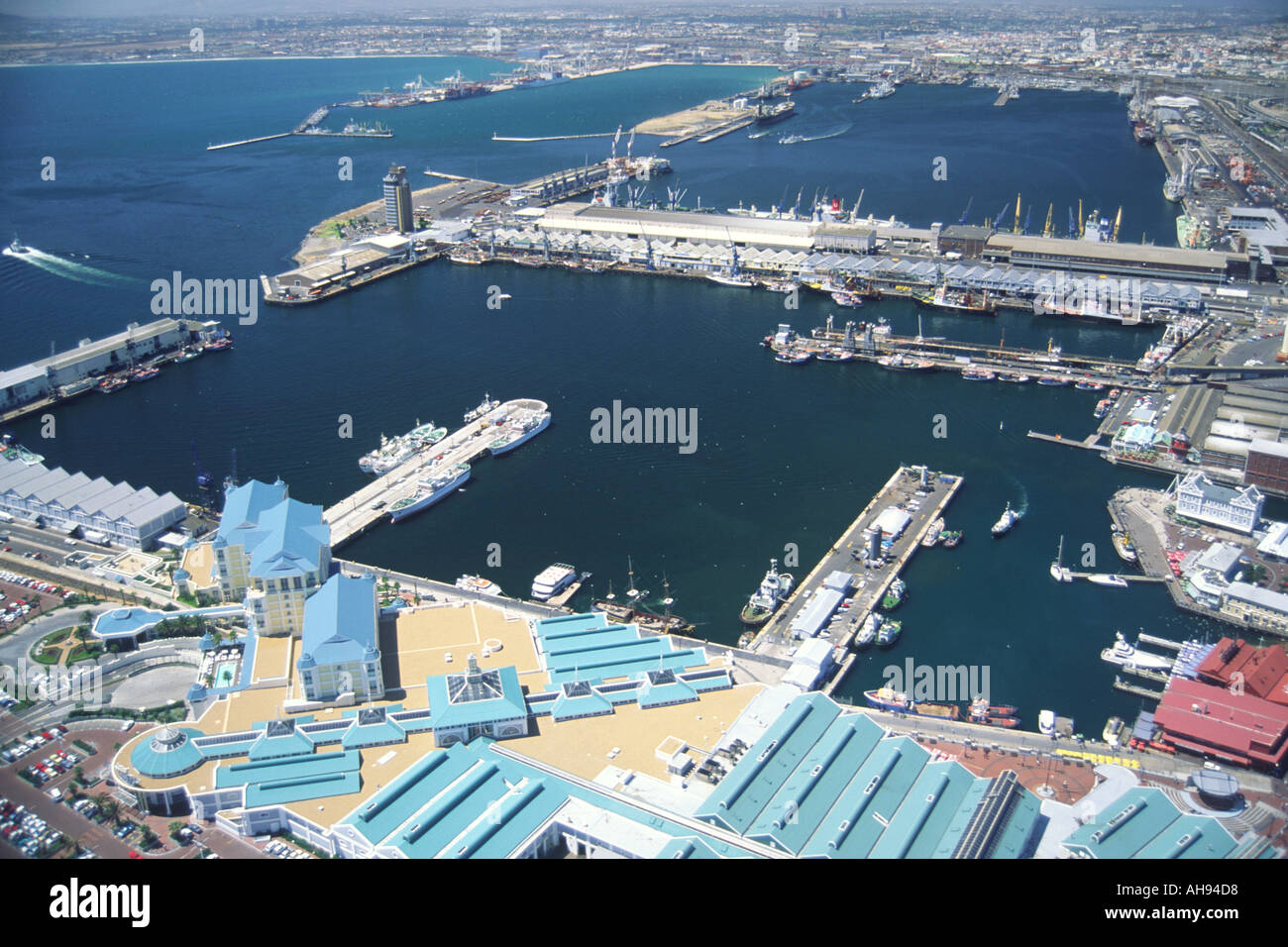 An aerial photo of Table Bay harbour and the V&A Waterfront in Cape Town, South Africa. Stock Photo