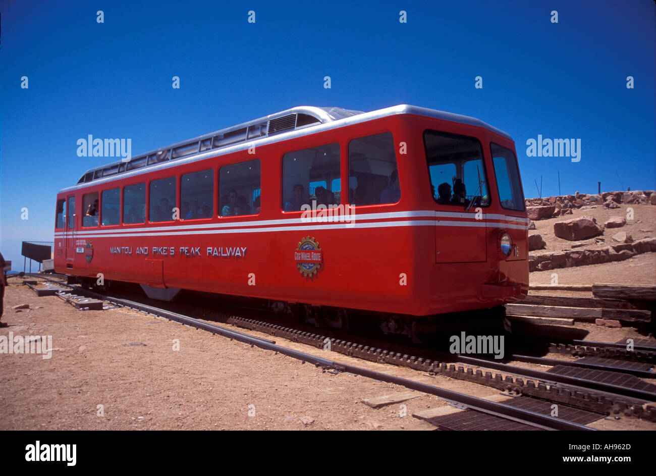 Tram or train car on the Pikes Peak Cog Railway Colorado USA Stock Photo