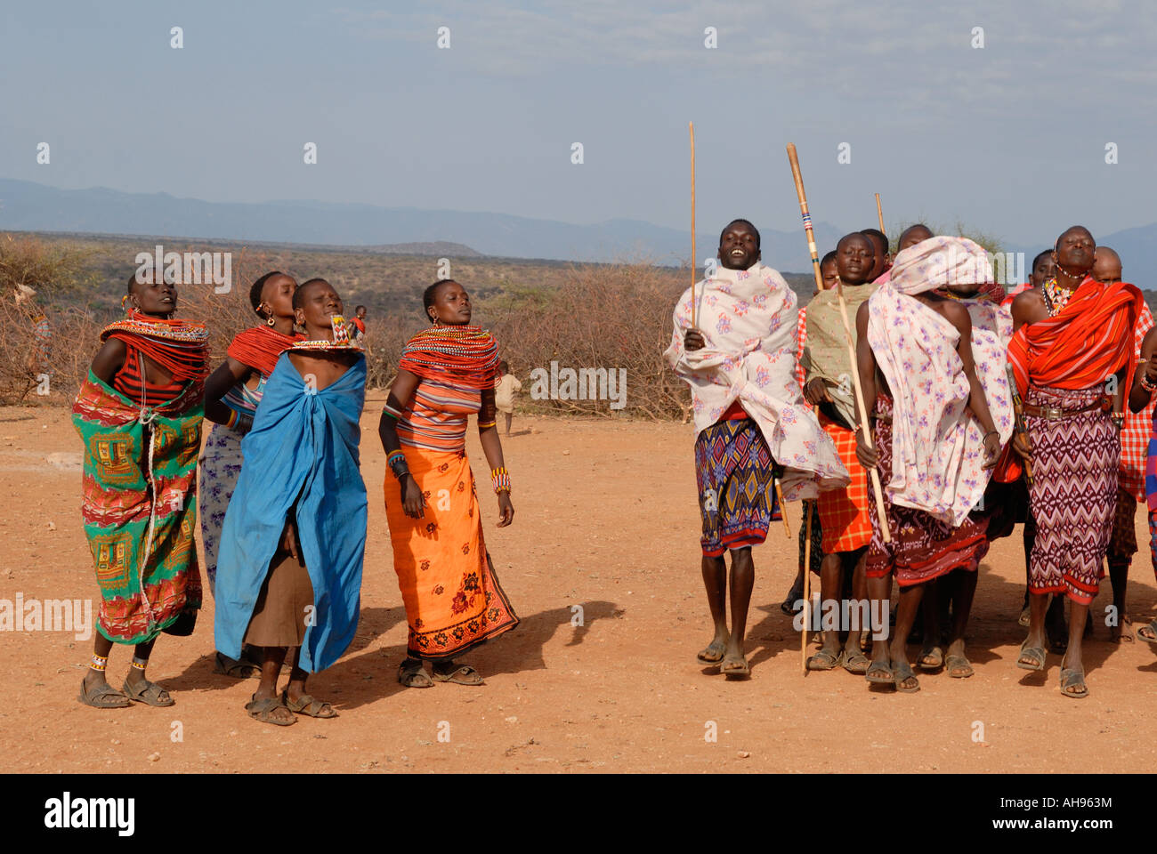 A group of Samburu men and women dancing near Samburu National Reserve Kenya East Africa Stock Photo