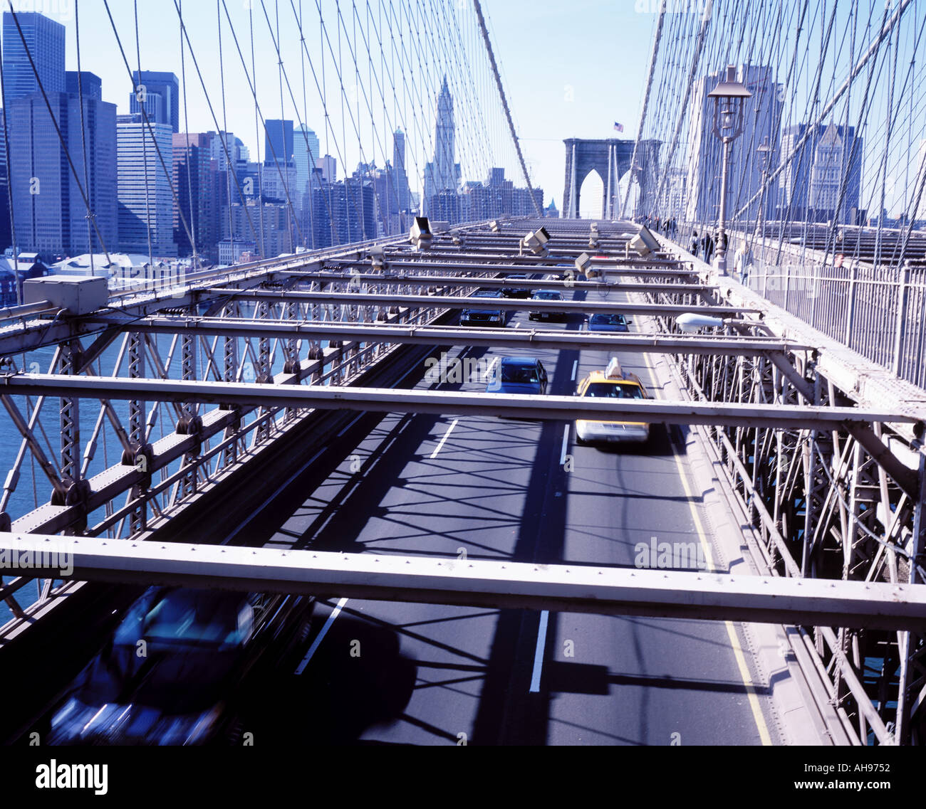 View of traffic and downtown Manhattan from the Brooklyn Bridge, New York City, USA. Stock Photo