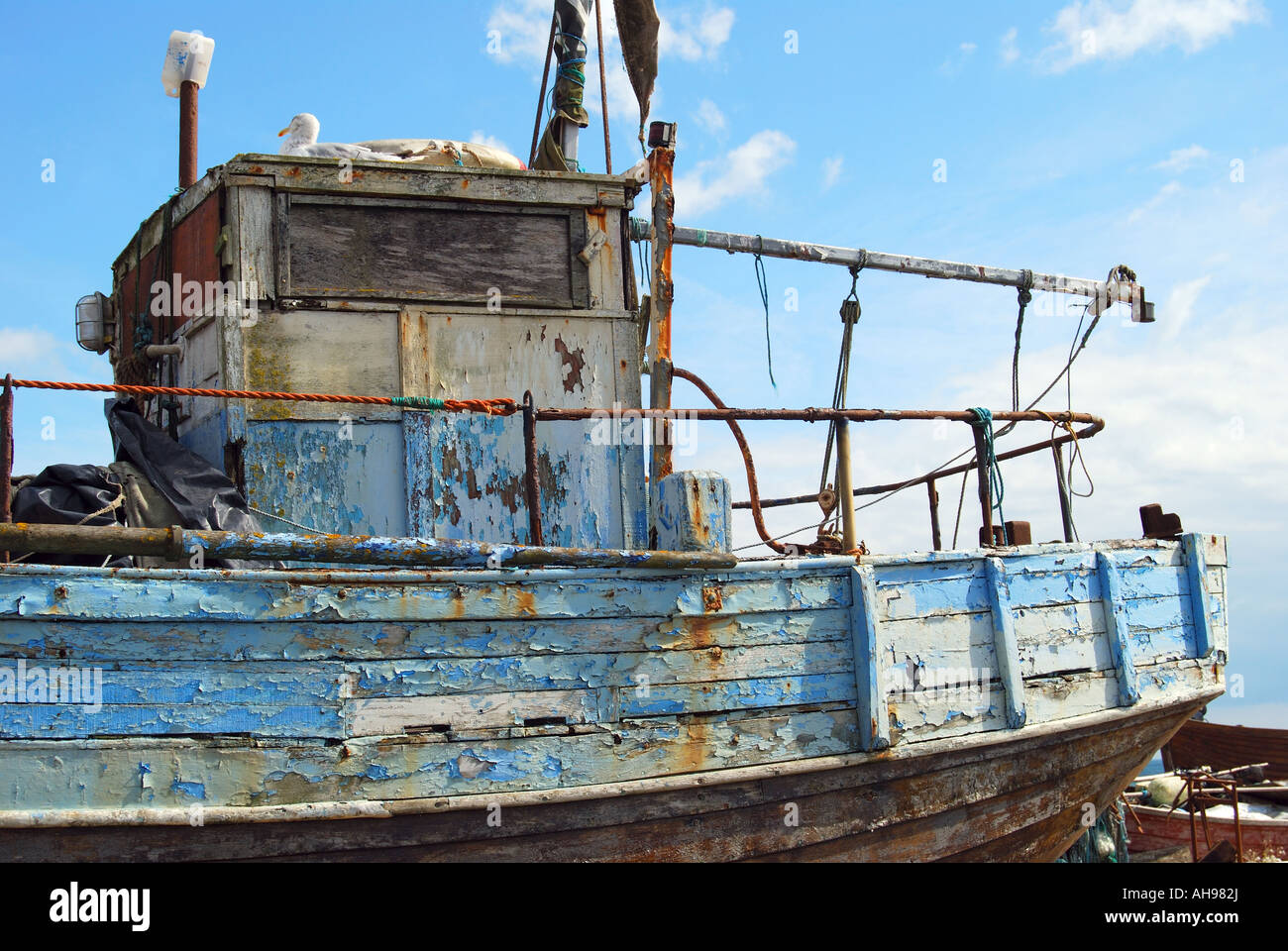 Old, abandoned fishing boat, The Stade, Hastings Old Town, Hastings, East Sussex, England, United Kingdom Stock Photo