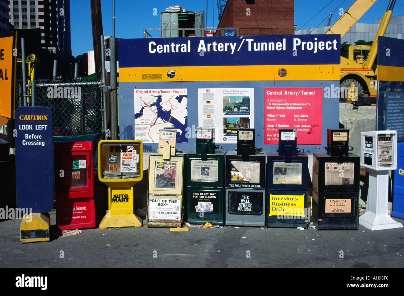 Newspaper boxes city street downtown Boston construction zone Stock