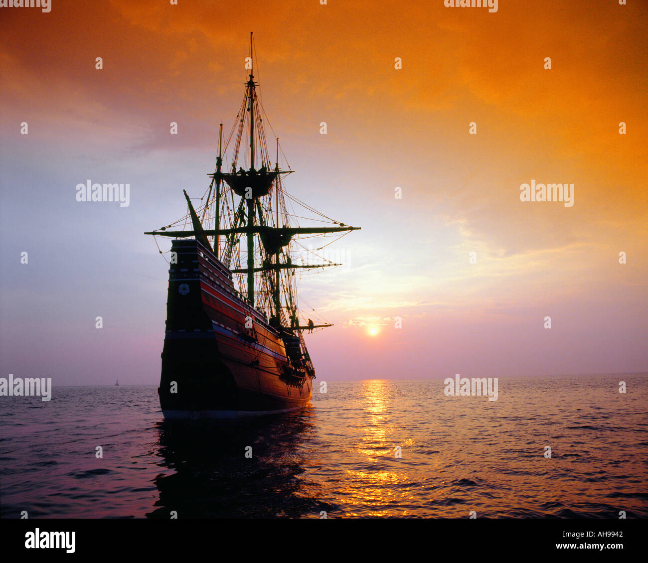 Mayflower II replica at sunset Stock Photo