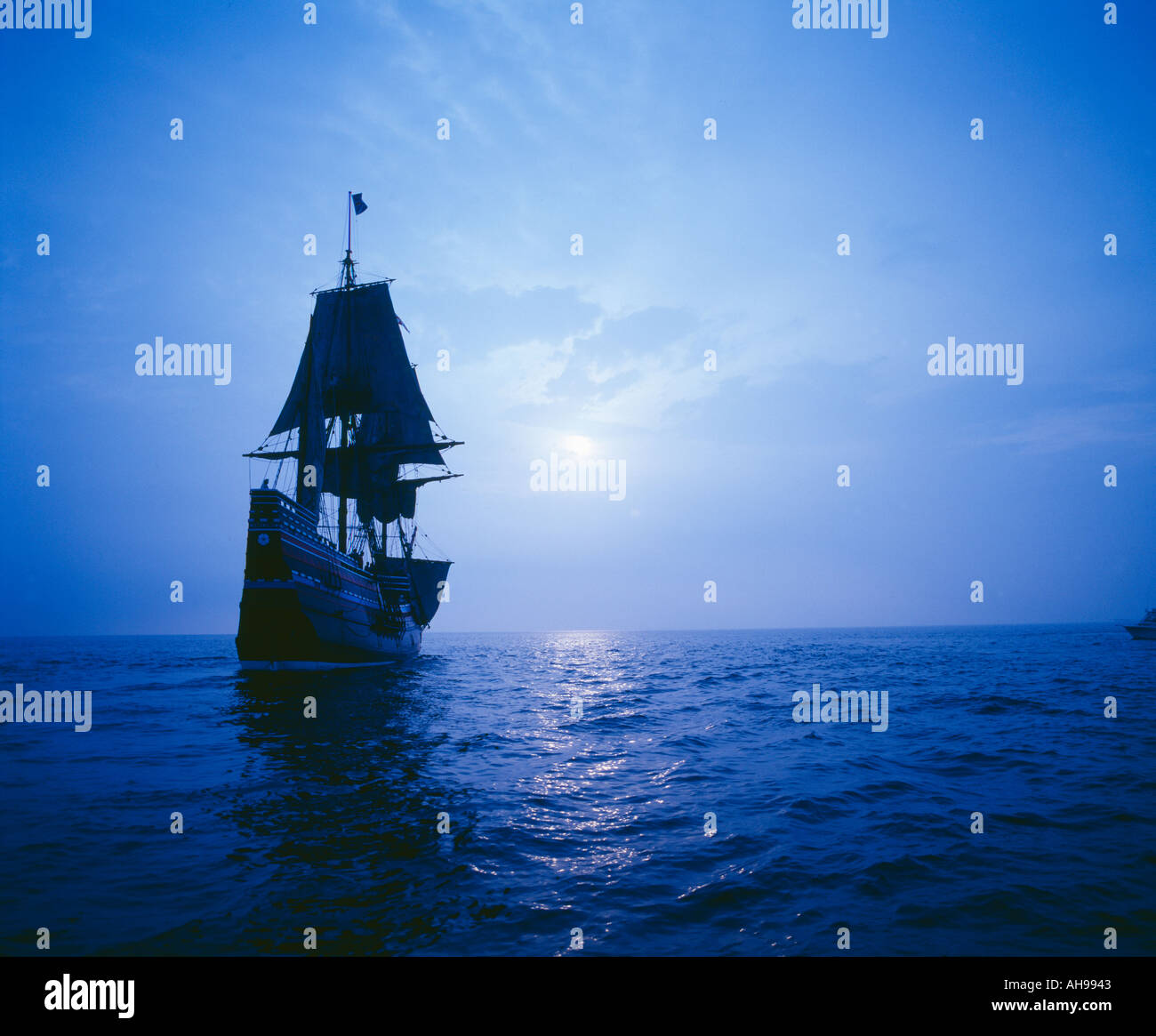 Mayflower II replica in moonlight Stock Photo