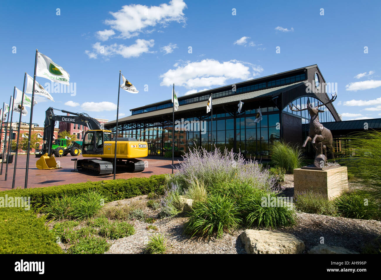 ILLINOIS Moline John Deere Pavilion running deer statue and machinery