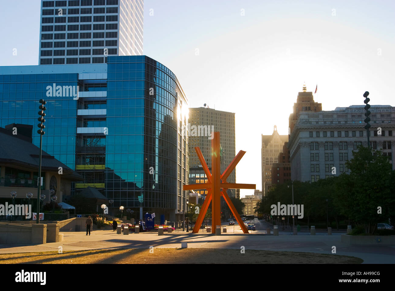 WISCONSIN Milwaukee Wisconsin Avenue and orange sculpture downtown business district The Calling Stock Photo