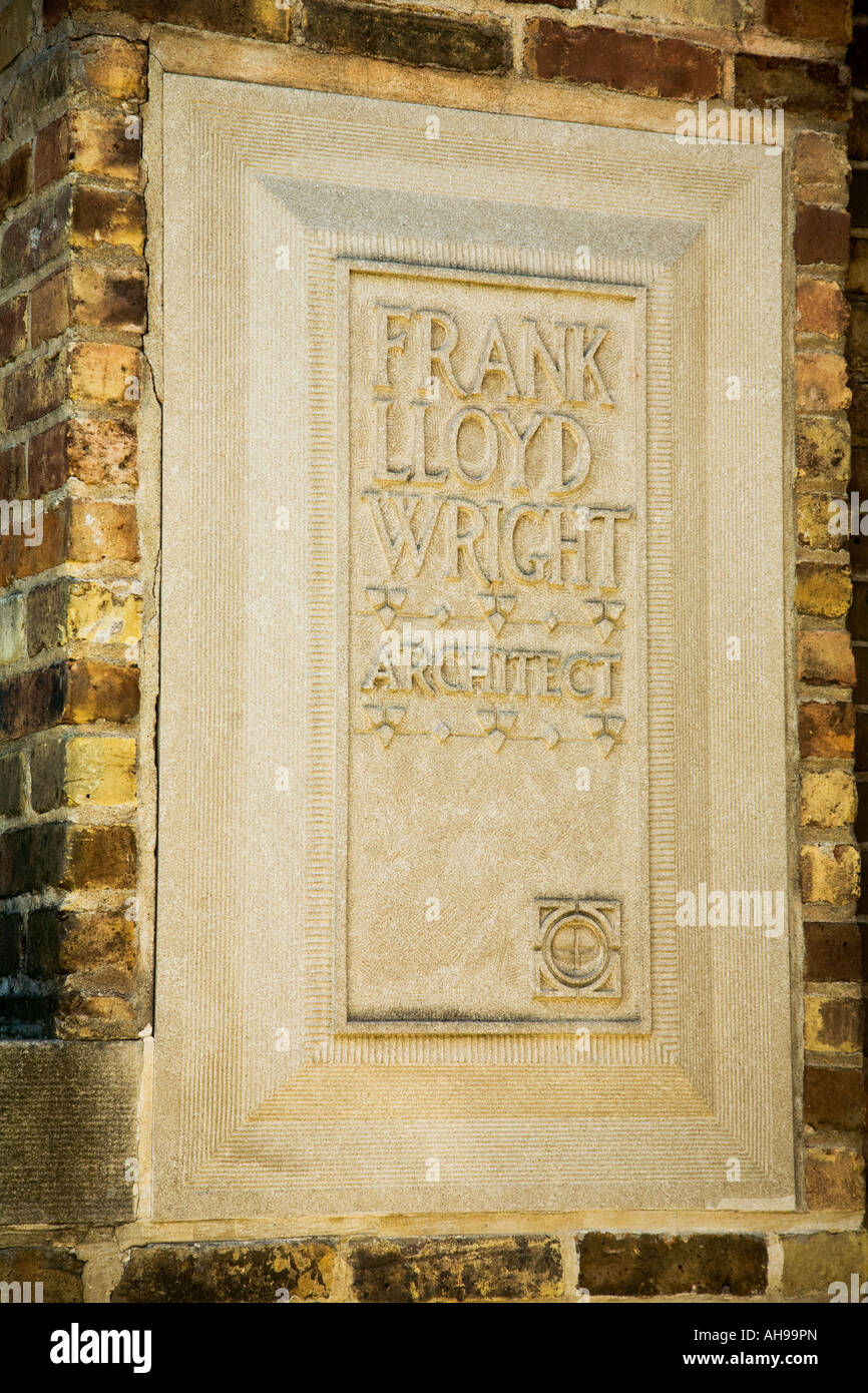 ILLINOIS Oak Park Frank Lloyd Wright architect plaque on brick wall exterior of home and studio building Stock Photo