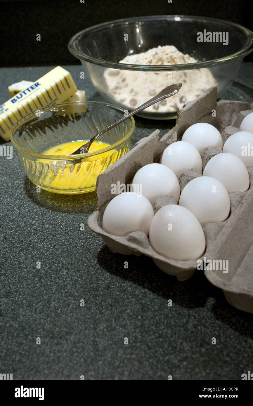 Ingredients used to bake chocolate chip cookies Stock Photo Alamy