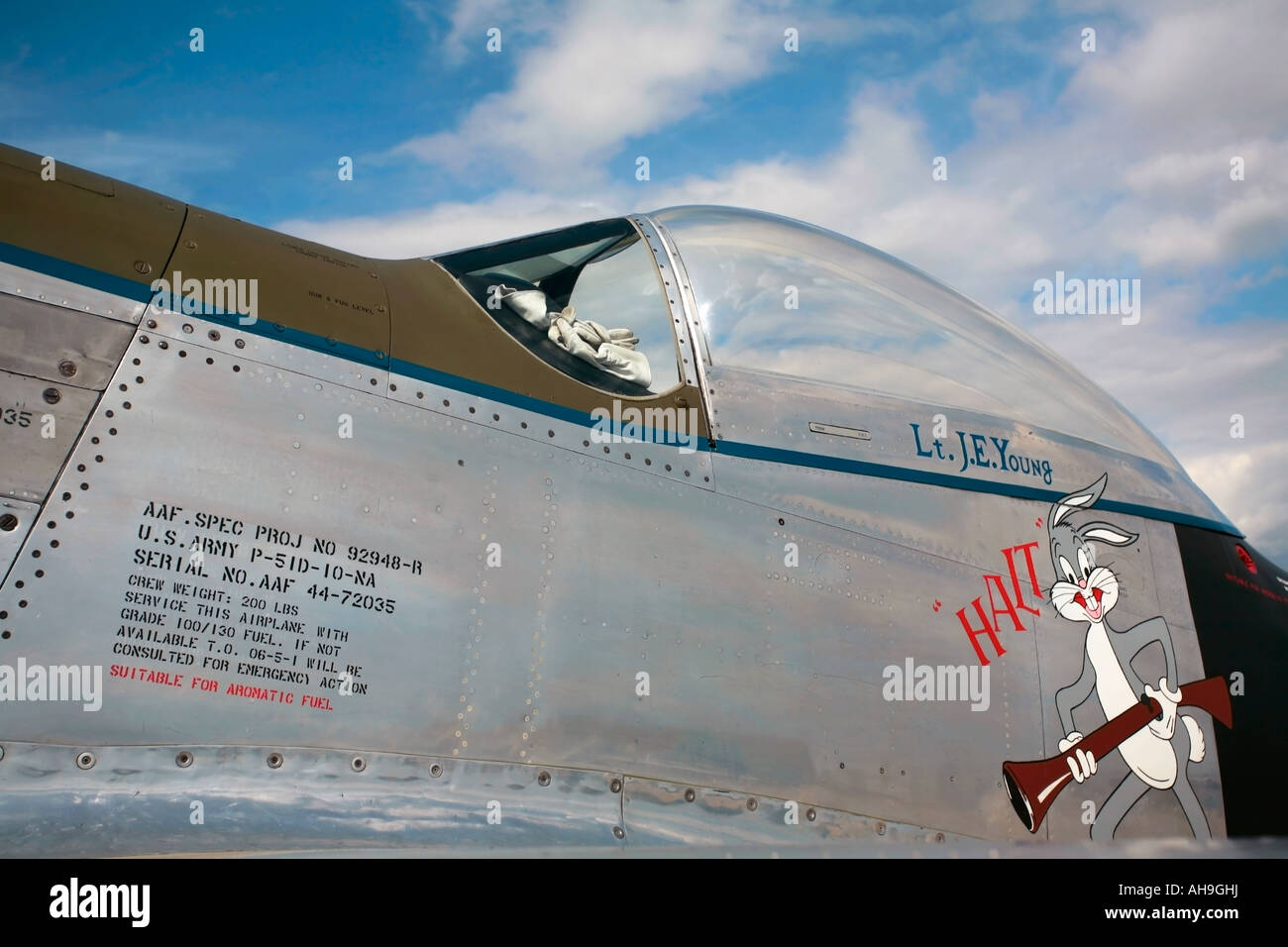 Nose art and markings on the Jumpin' Jacques P-51D-20-NA Mustang warbird Stock Photo