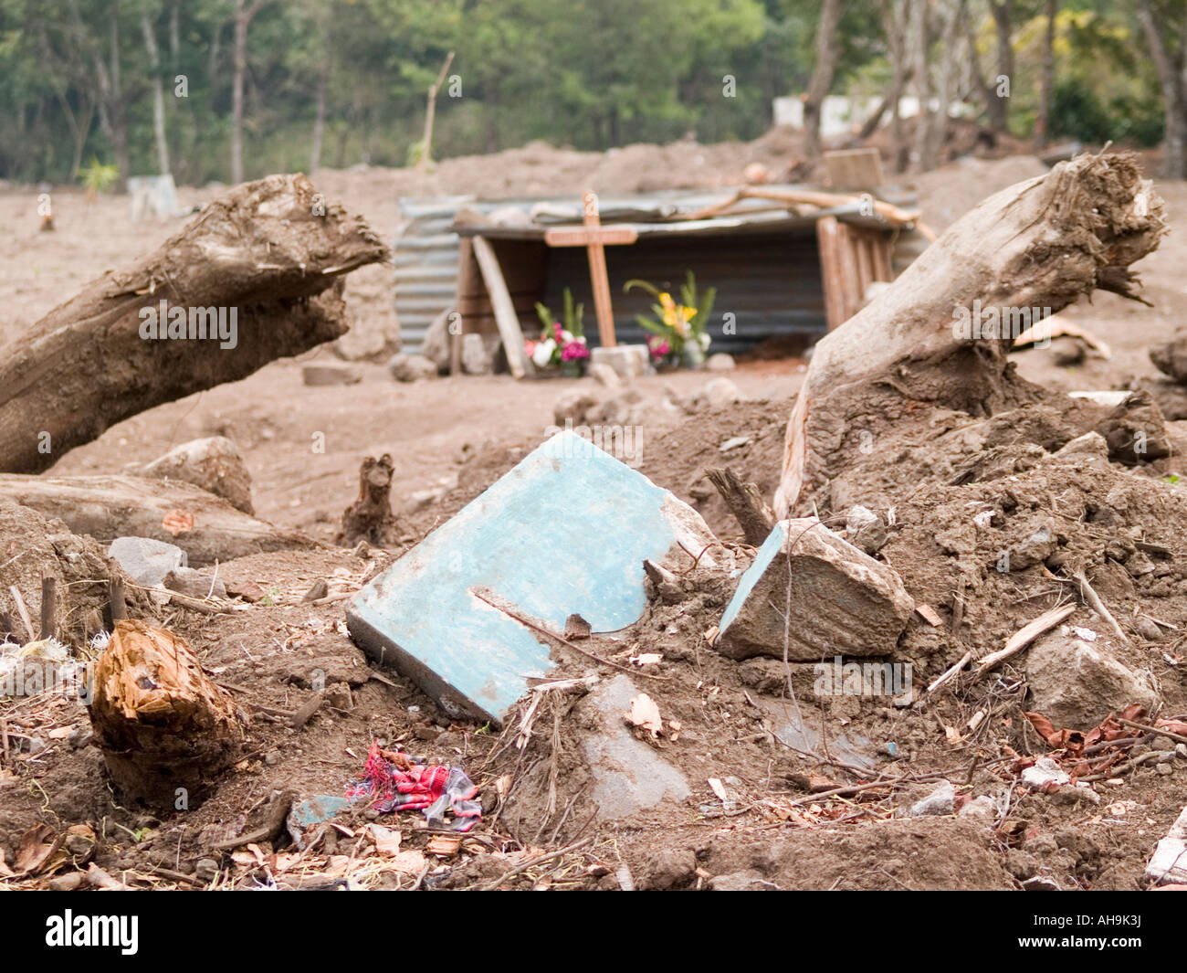 Remnnants of village destroyed in a mudslide Stock Photo